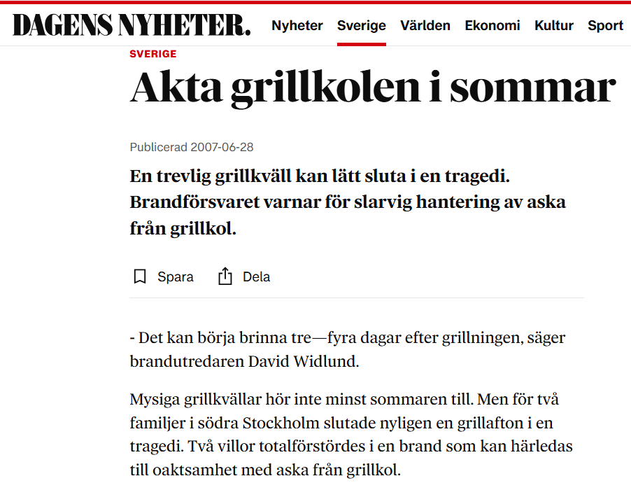 Intervju i Dagens Nyheter om risker med grillkol
