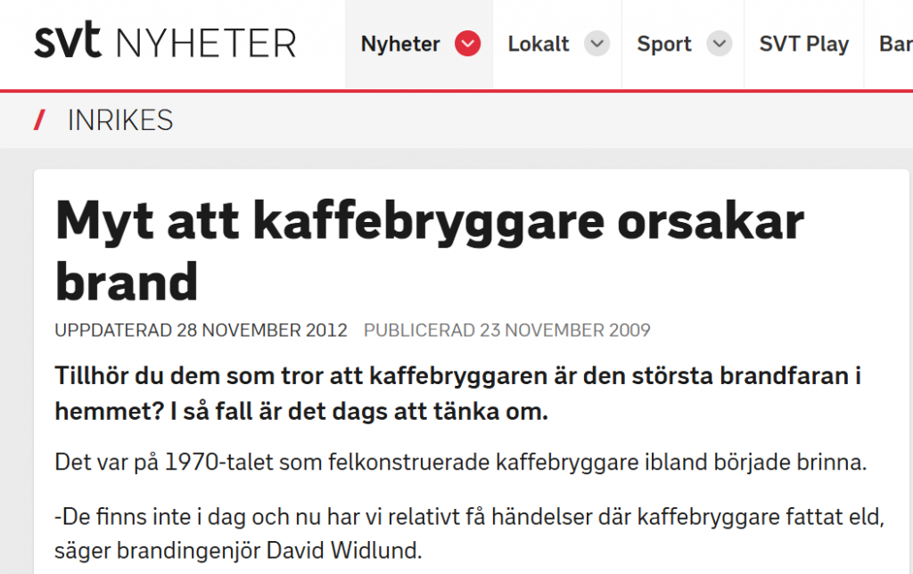 SVT: Myt att kaffebryggare orsakar brand
